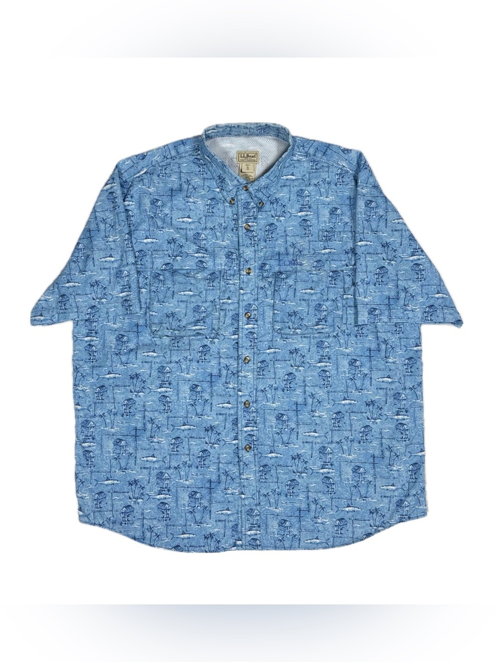 LL Bean Blue Fish Stilt House All‎ Over Print Mesh Lined Button Up Shirt Men XL